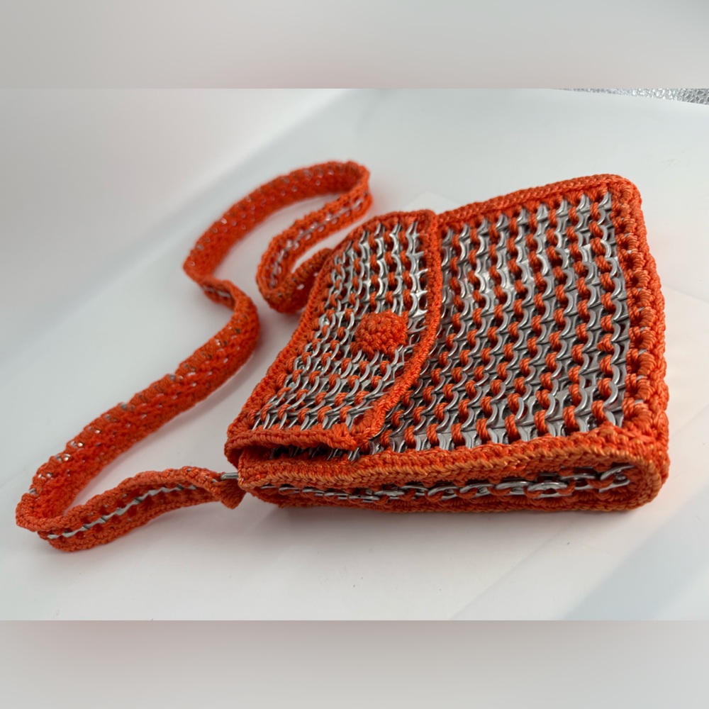 Vintage Handmade Pop Tab Crossbody Purse Bright Orange upcycled Pierrette Ooak